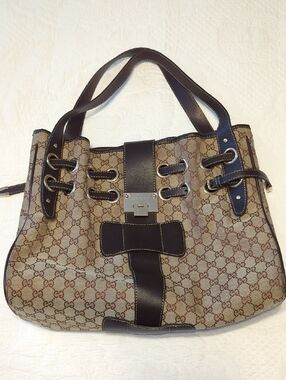 Gucci GG Monogram Canvas Shoulder Bag with Dark Brown Leather Trim  Size Large